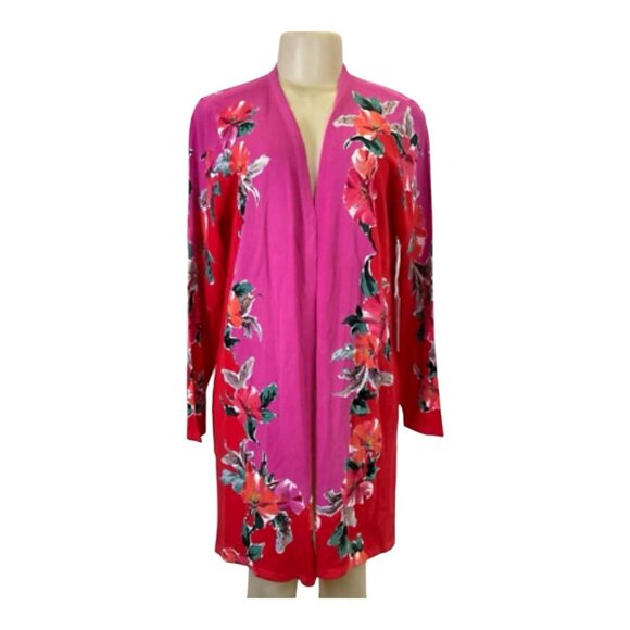 CHICOS Womens 2 Red & Pink Floral Long Sleeve Open Cardigan Kimono Long Duster - Picture 9 of 14